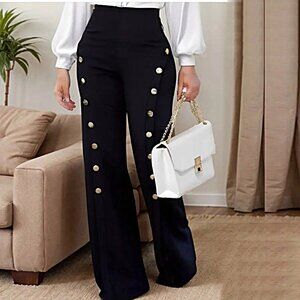 NWT: Black XL Pants with High Waist, Flare Bottom Front Slit & Gold Button Trim